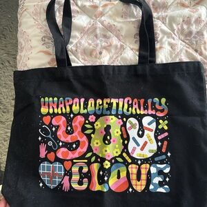 Black Tote Bag with Colorful Graphic Design
